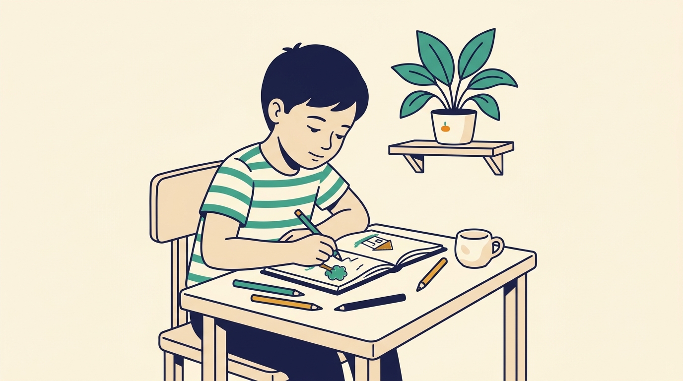 Child sitting at a desk fully absorbed in a drawing activity, showing focused independent engagement