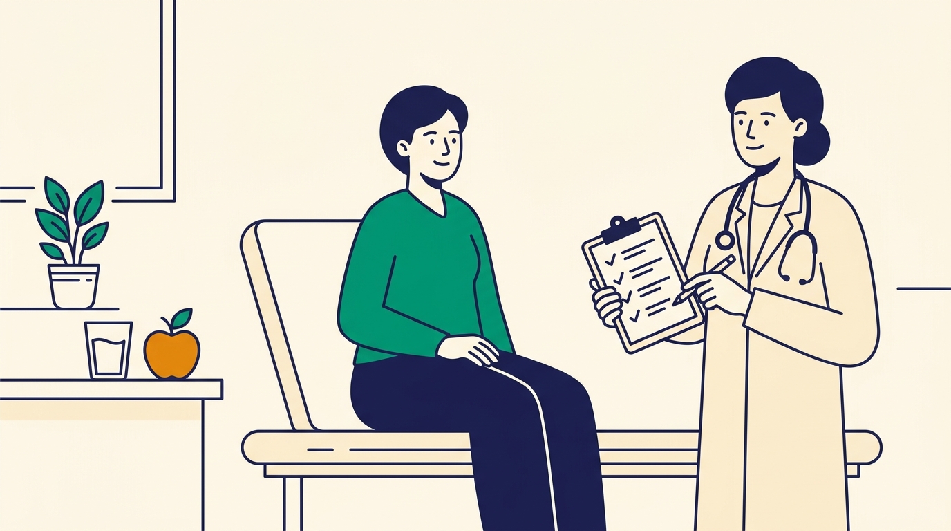 Person in a calm preventive health consultation with a doctor reviewing a simple checklist