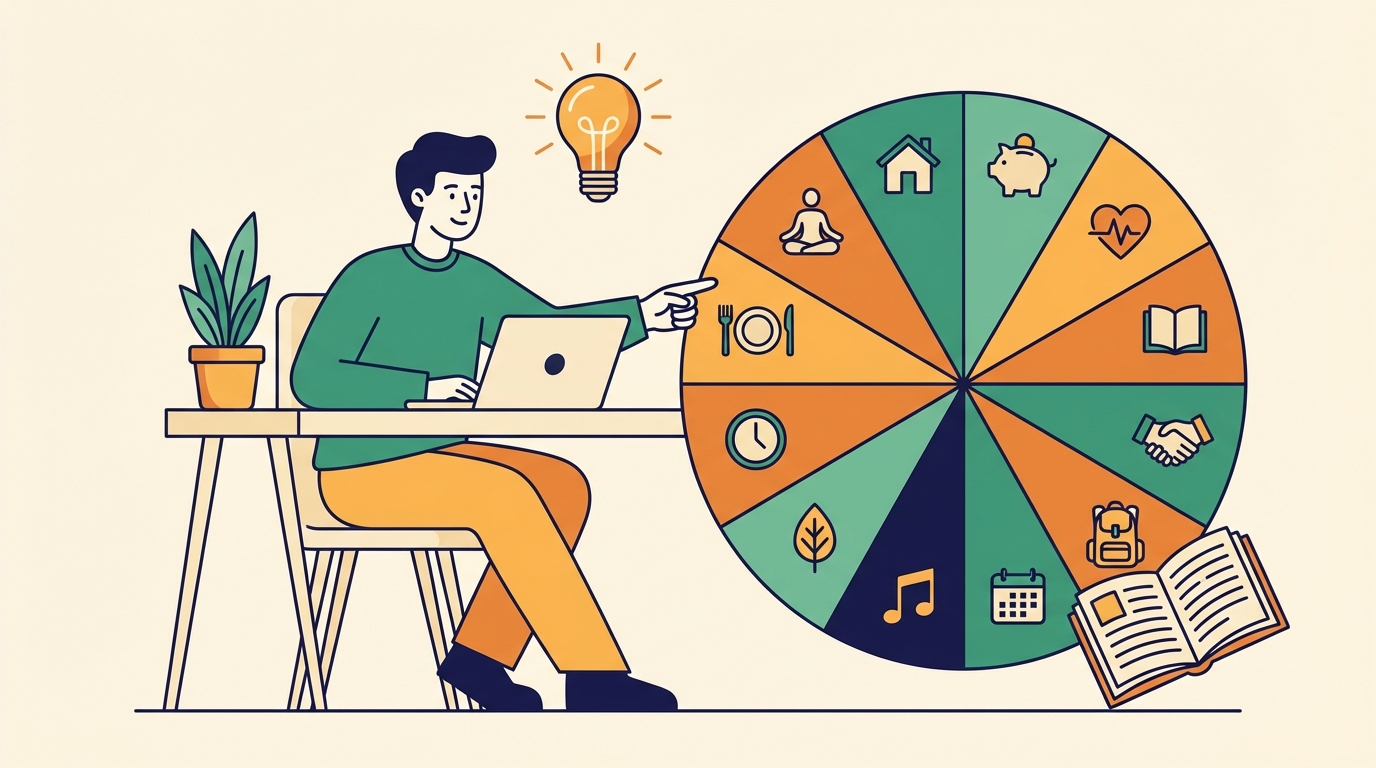 Person studying a chart divided into 12 sections with life area icons, having a lightbulb moment of understanding