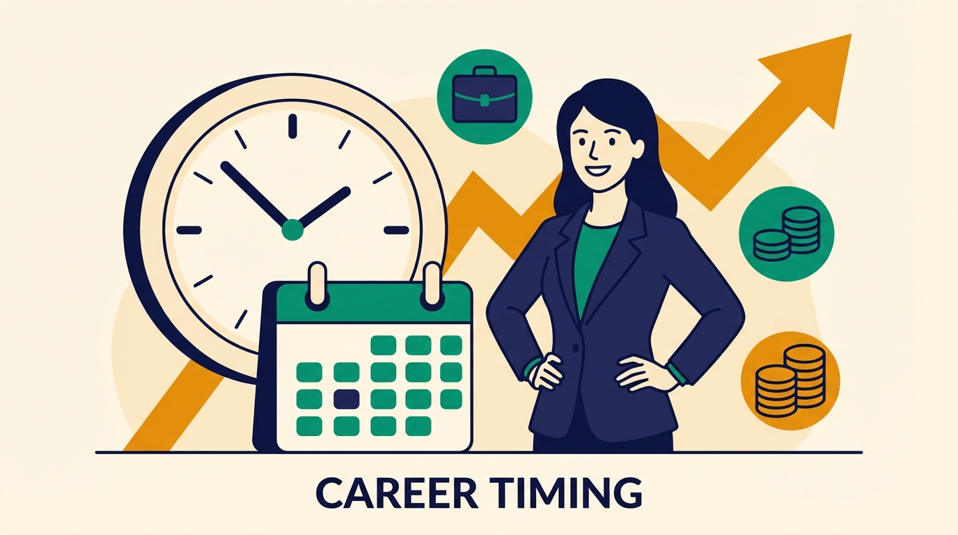 Woman in professional attire standing confidently next to a clock and calendar with upward trending graph