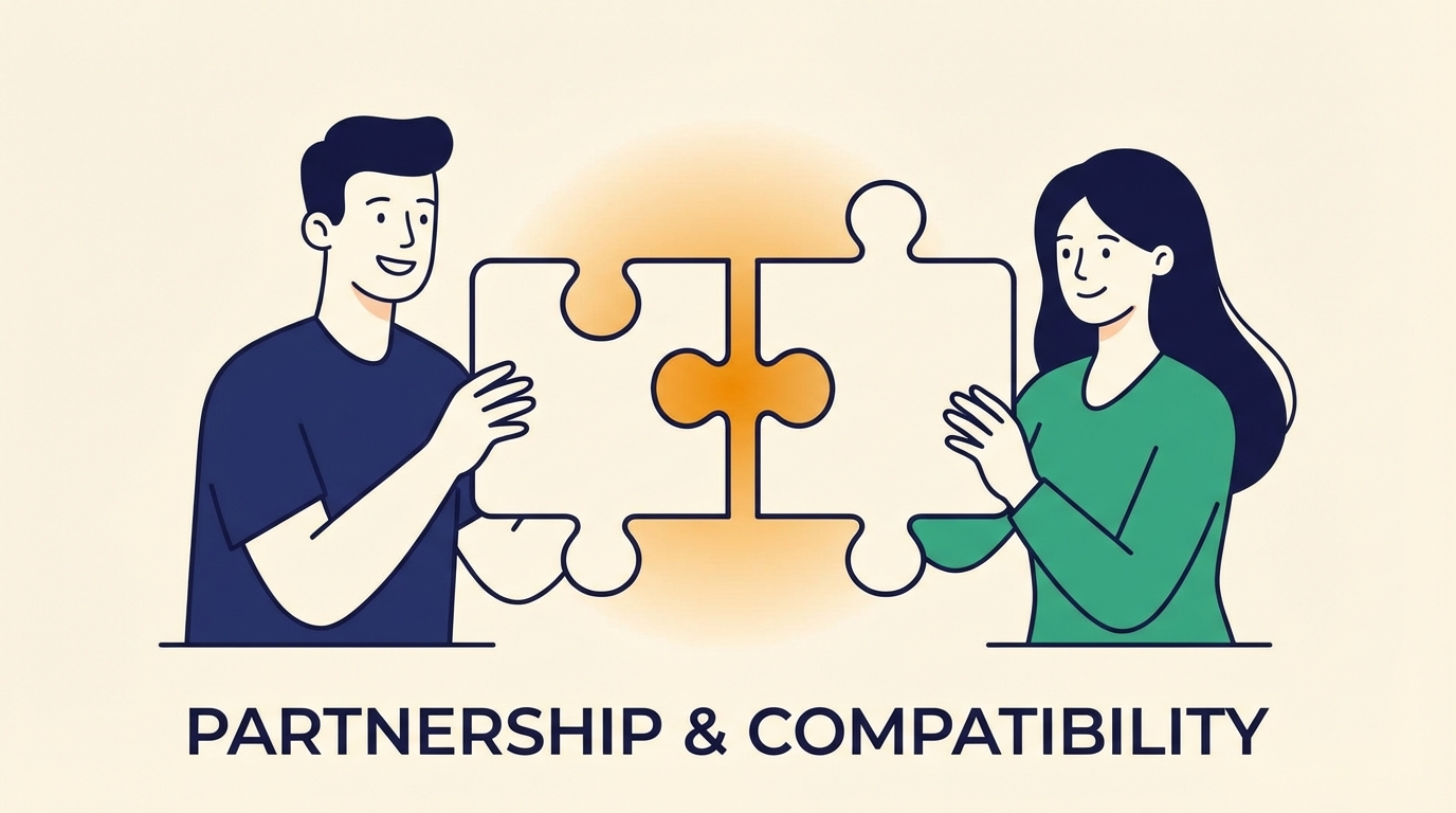 Man and woman holding puzzle pieces that connect together with warm glow, representing compatibility and partnership