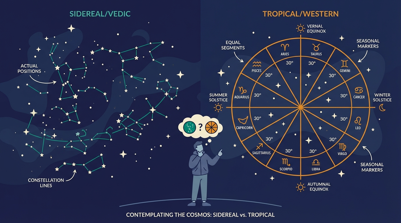 Sidereal zodiac tracks actual star positions while tropical zodiac follows seasonal markers